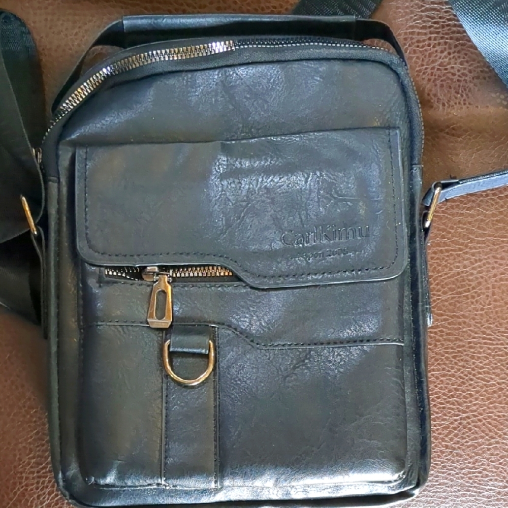 Black Leather Messenger Bag with Gold Hardware